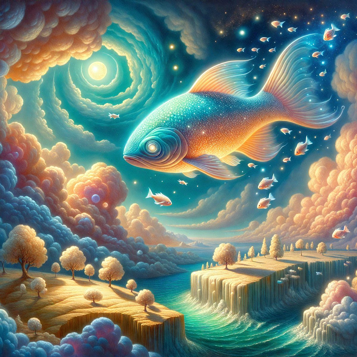 The primary subject of the image is a large fish, which is flying through the sky. The fish is surrounded by a vibrant and colorful environment, with a backdrop of a cloudy sky. The visual style of the image is a combination of digital art and illustration, creating a dynamic and lively atmosphere. The dominant colors in the scene are blue, green, and pink, which contribute to the overall mood of the image.
